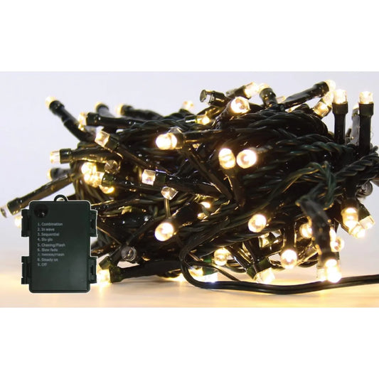 Instalatie brad Craciun, Hoff, 180 LED-uri albe cu lumina calda, 17.9 metri, controler, interior / exterior, alimentare baterii
