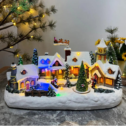 Decoratiune Sat de Craciun, Hoff, 15 LED-uri, lumina multicolora, functie muzicala, H 19 cm, alimentare baterii