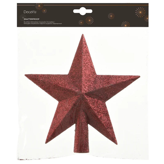 Varf de brad, forma stea, polistiren, inaltime 19 cm, rosu inchis, sclipici