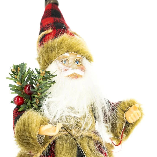 Figurina Mos Craciun, cu con de brad, plastic/textil, inaltime 13 cm, rosu/maro