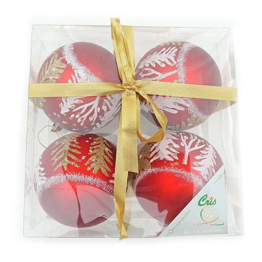 Globuri de Craciun, pentru brad, pictate, plastic, Ø 8 cm, rosu (set 4 buc)