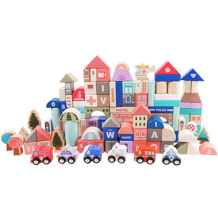 Set cuburi de construit din lemn pentru copii,blocuri de constructie a orasului,stimuleaza creativitatea si motricitatea,115 piese, multicolor