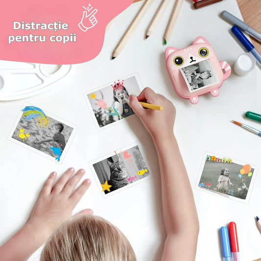 Camera foto instant pentru Copii Simply Joy, Foto, Video, Printare, HD 1080p, ecran 2.1 inch, Baterie Reincarcabila, Card Memorie 32GB, Cablu USB, Printare fara Cerneala, 3 Role incluse