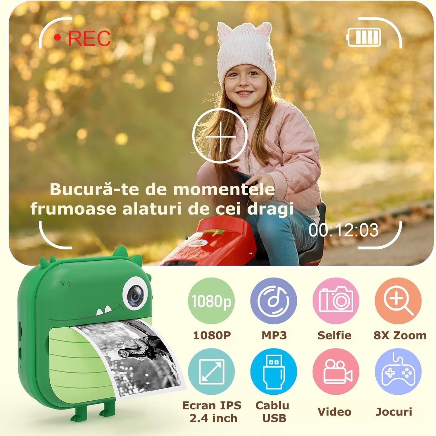 Camera foto instant pentru Copii Simply Joy, Functii Foto, Video, Printare, HD 1080p, ecran 2.1 inch, Baterie Reincarcabila, Card Memorie 32GB, Cablu USB,Printare fara Cerneala, 3 Role Hartie incluse
