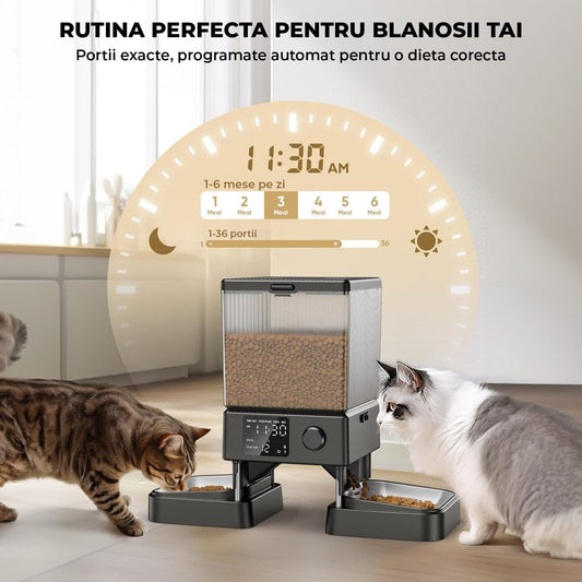 Dispenser Hranitor Automat Elindor Dual, 5L, Boluri din Inox, Alimentare Dubla, Negru