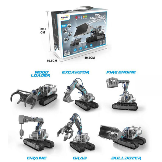Set Educativ 6 in 1 de Constructie Hidraulica pentru Copii 812 Ani Excavatoare, Macara si Incarcator Lemne, Joc Interactiv STEM