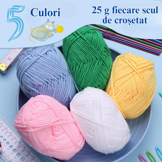 Set de crosetat Simply Joy, 107 piese, kit de tricotat cu fire de crosetat, crosete, instrumente de crosetat, Crosetat si bricolaj pentru incepatori si avansati, Geanta depozitare