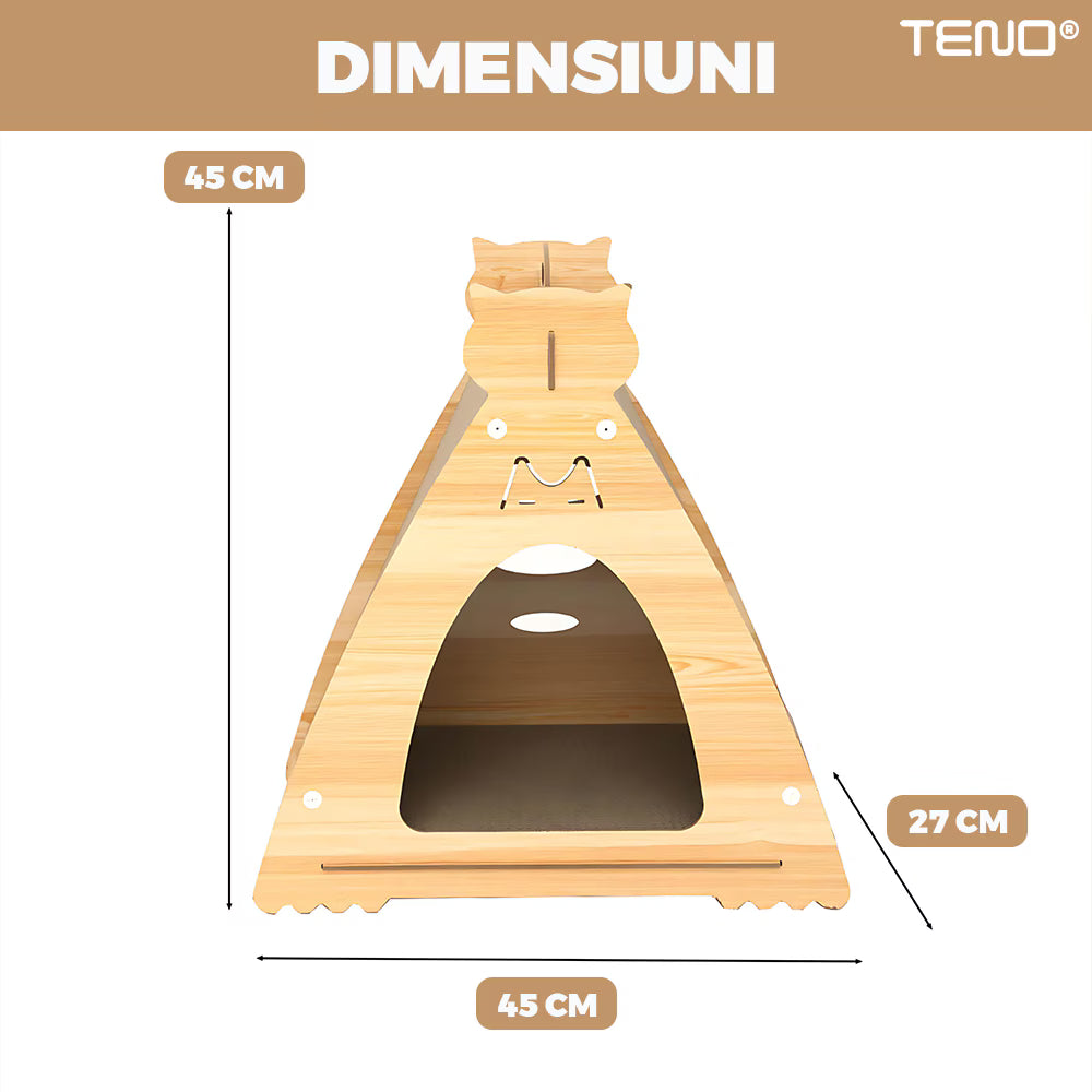 Ansamblu de Joaca pentru Pisici Tip Casuta Teno, ferestre de aerisire, maner, maro deschis