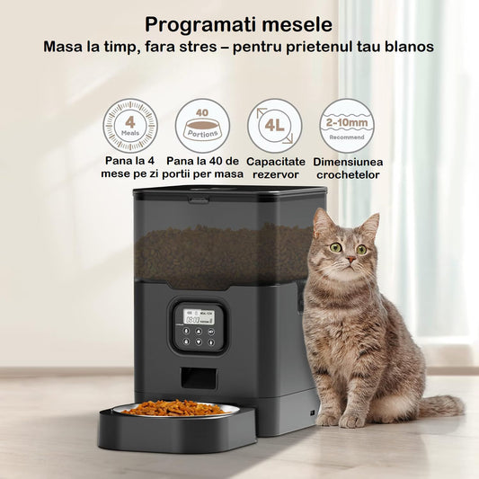 Hranitor Automat Digital Pisici si Caini Huggo Rezervor Transparent 4L, Mesaj Vocal, 4 Mese/Zi, Control Portii, Hrana Uscata, Sistem Anti-Blocare, Alimentare Duala Retea/Baterii