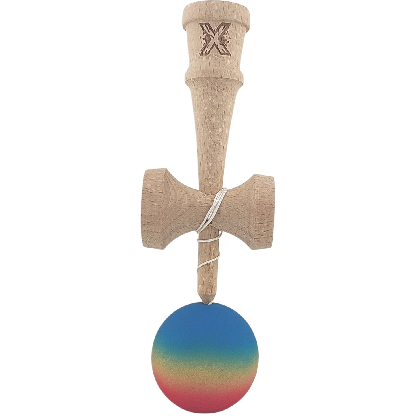 Jucarie Kendama X Originala, Profesionala, Flippy, din Lemn, Rubber Grip, 18 cm, Gradient Albastru/Galben/Rosu