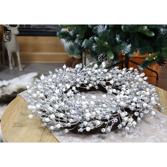 Coronita Craciun, alb + argintiu+ maro, 50 cm