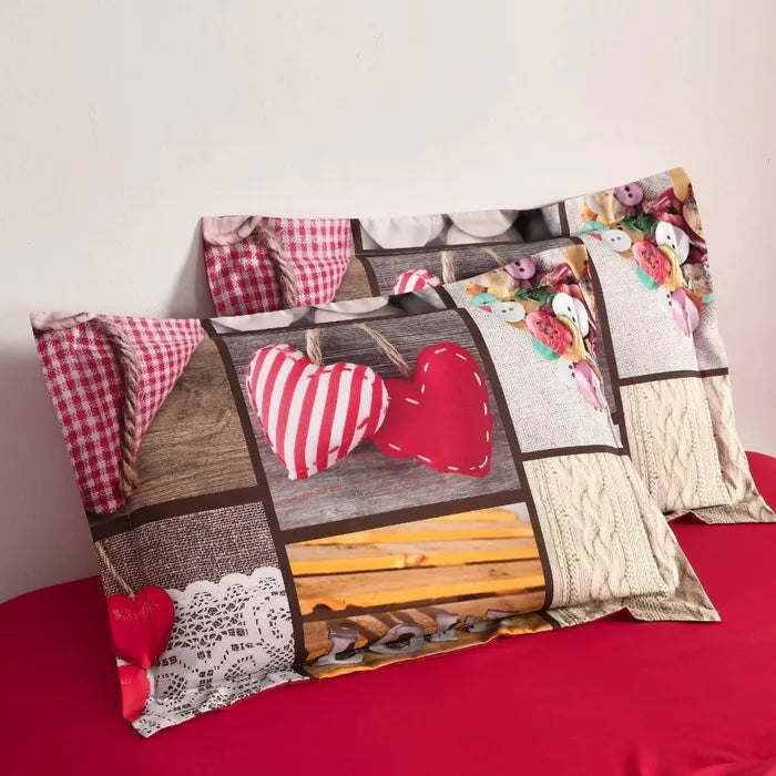 Lenjerie de pat poliester, Caressa Love, 2 persoane, multicolor, set 4 piese