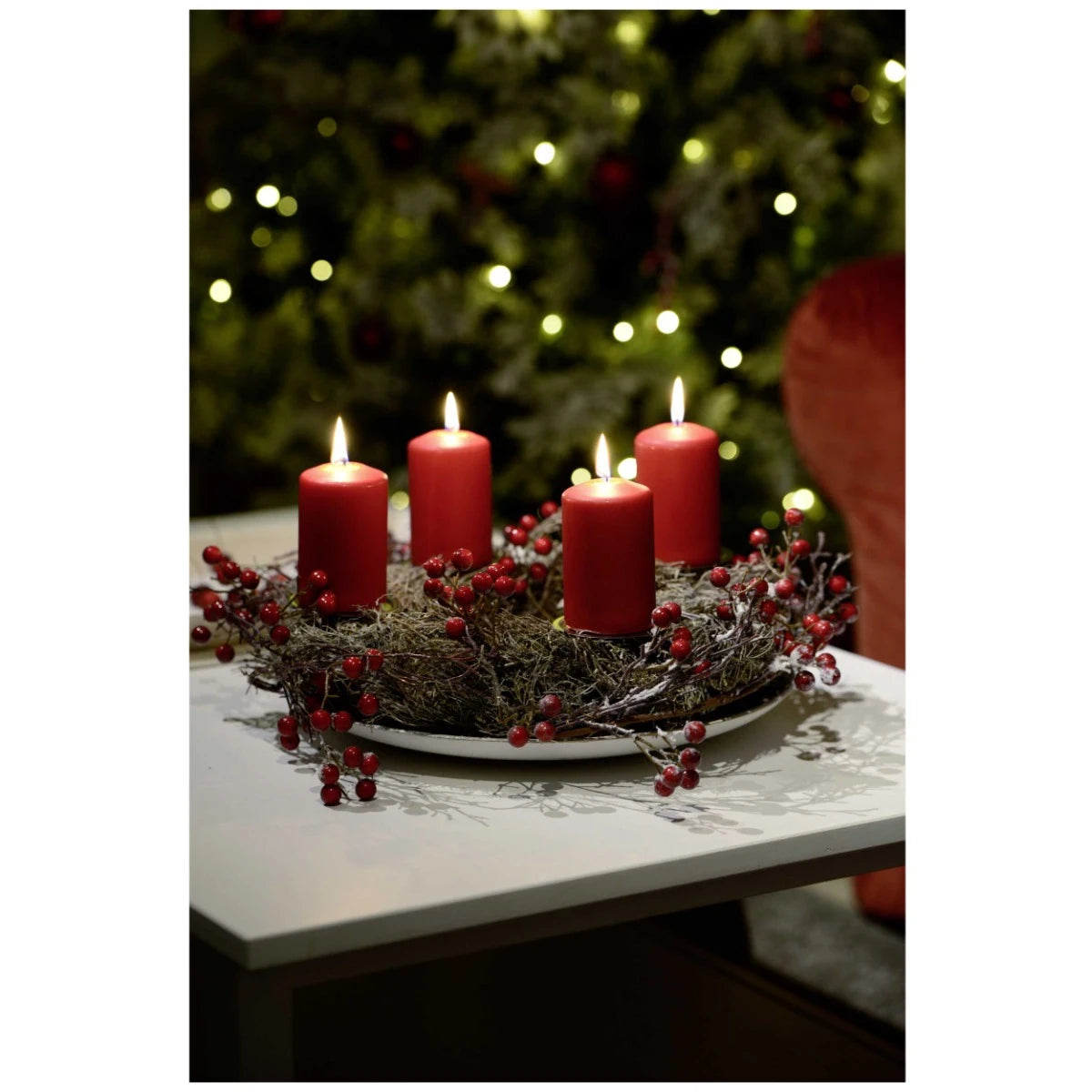 Lumanare decorativa tip stalp, Muller Kerzen, mix ulei palmier + alte materiale ceroase, visiniu, 6.2 cm, timp ardere 10 ore, set 4 bucati