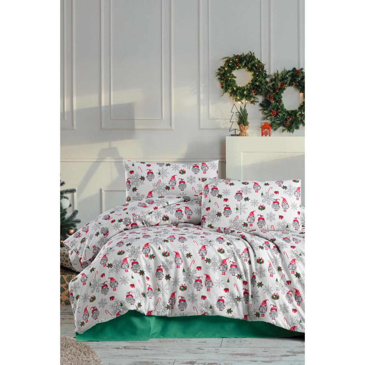 Lenjerie de pat Craciun, bumbac ranforce, Caressa White Xmas, 2 persoane, alb, set 4 piese