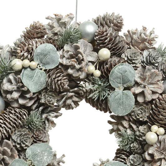 Coronita de Craciun, cu conuri pin ninse si globuri, Ø 34 cm, verde/alb perlat