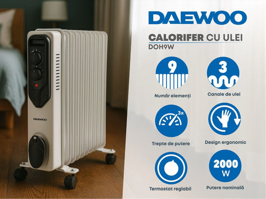Calorifer electric DAEWOO DOH9W, 9 elementi, 3 trepte putere, 2000W, alb