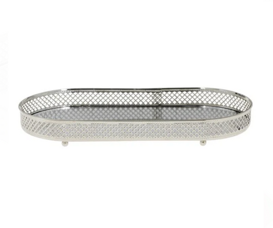 Suport Oval Tava cu Oglinda si Margine Argintie pentru Lumanari 33x16.5x3cm