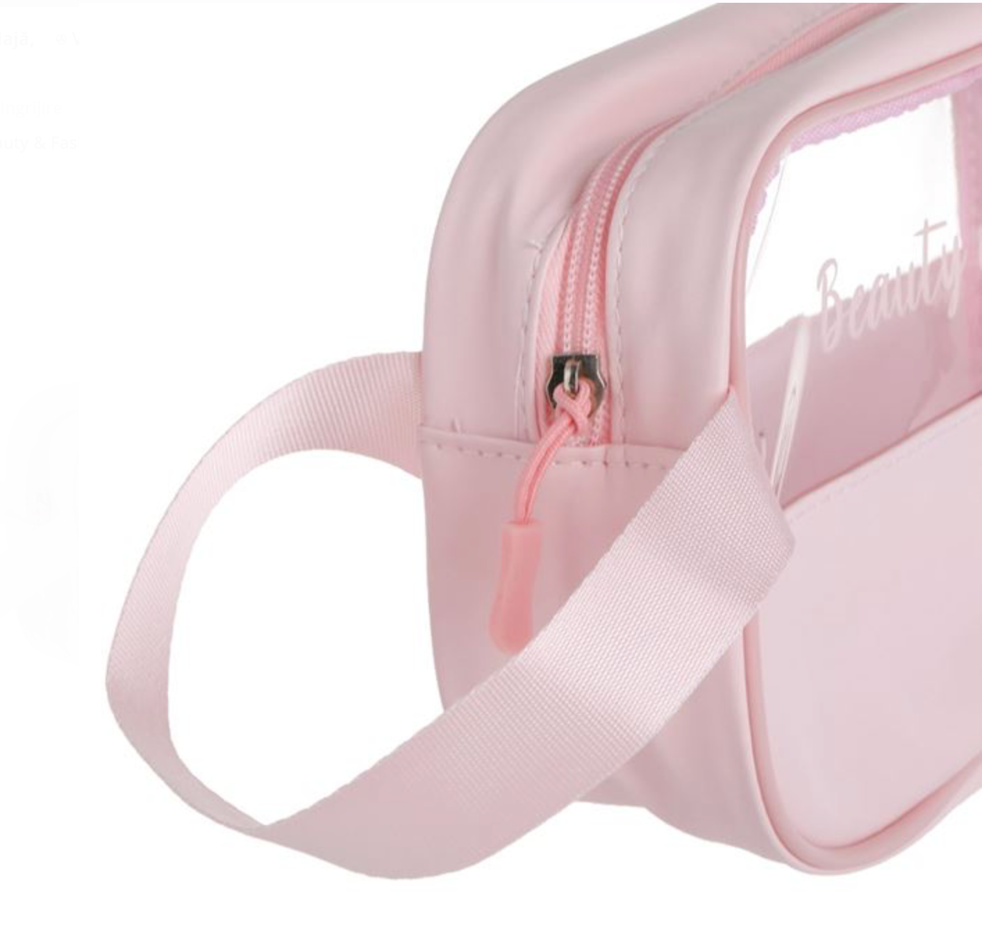 Portfard Transparent Roz cu Imprimeu "Beauty & Fashion" & Maner 22x6x11,5cm