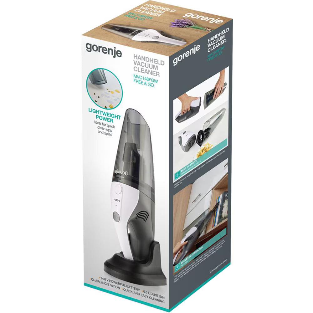 Aspirator de mana GORENJE MVC148FGW, 0.5l, 14.8V, autonomie max 15 min, alb-gri inchis