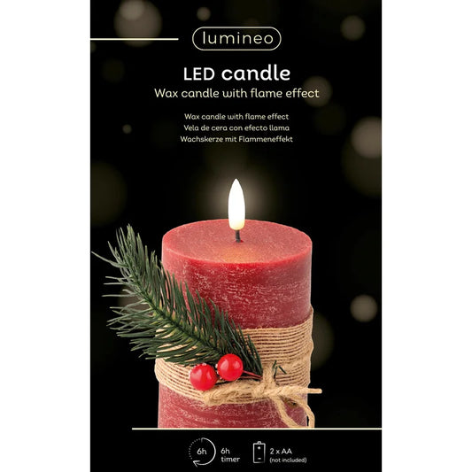 Decoratiune Craciun, lumanare din ceara cu LED, model frunze, H 13 cm, rosu