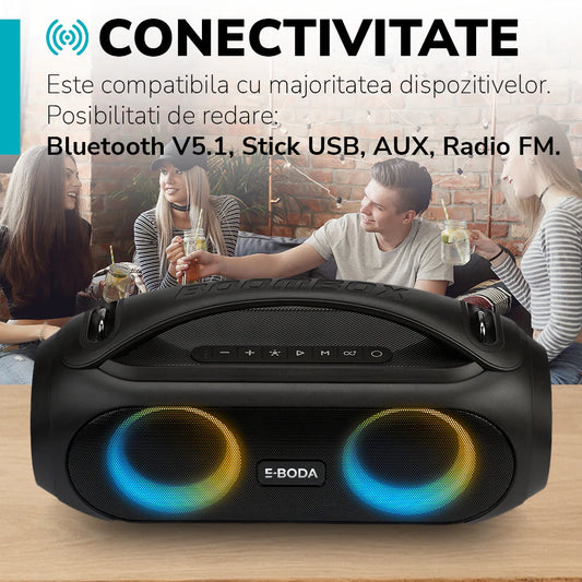 Boxa portabila E-BODA The Vibe 410, Bluetooth, USB, Radio FM, IPX5, negru