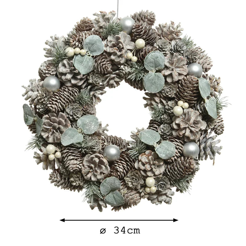 Coronita de Craciun, cu conuri pin ninse si globuri, Ø 34 cm, verde/alb perlat