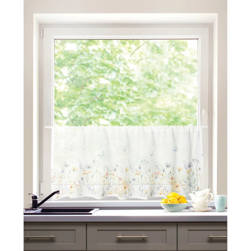 Perdea bucatarie 60 x 140 cm, Flowers, alb