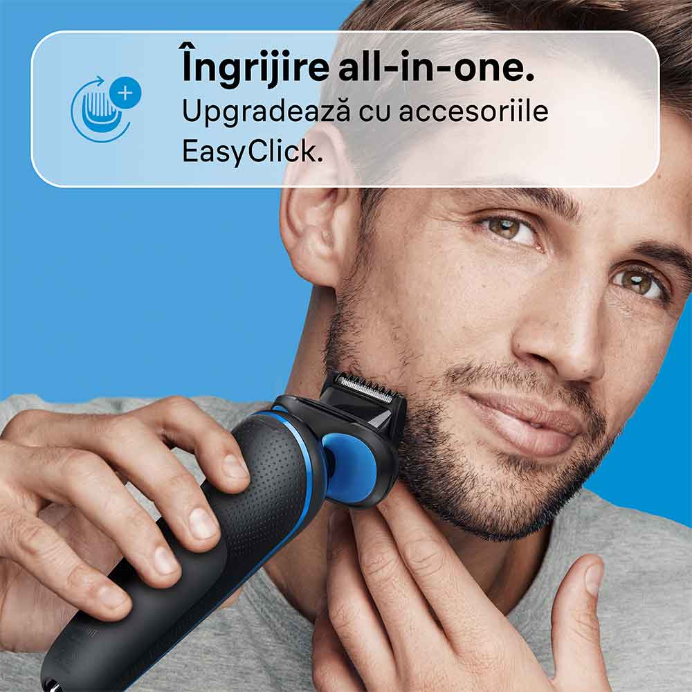 Aparat de ras BRAUN Series 5 51-B1000s, Wet&Dry, AutoSense, Easy Click, autonomie 50 min, 3 elemente de taiere, negru-albastru