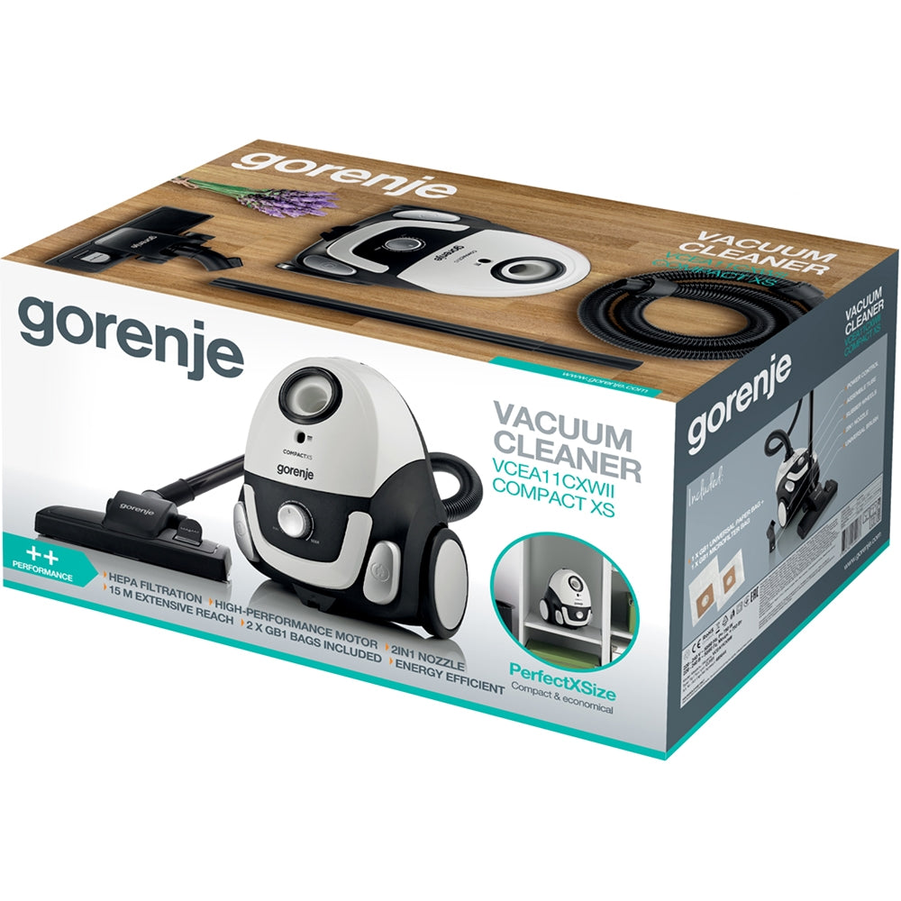 Aspirator cu sac GORENJE Compact XS VCEA11CXWII, 2l, 750W, 78dB, alb-negru