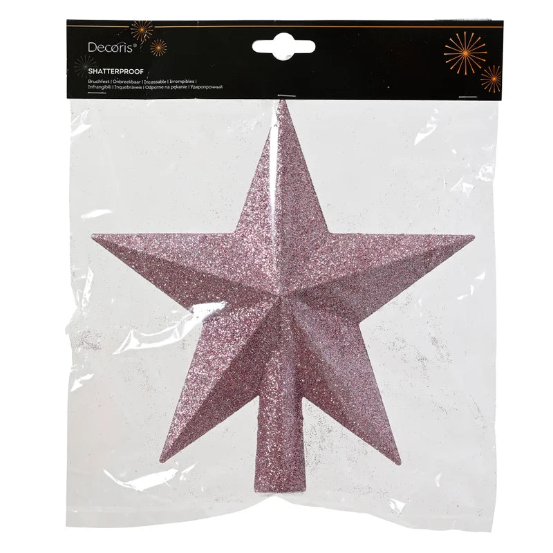 Varf de brad, forma stea, polistiren, inaltime 19 cm, roz inchis, sclipici