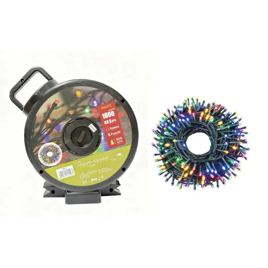 Instalatie brad Craciun Hoff, 1000 LED-uri cu lumina multicolora, 49.5 m, controler, tambur, interior / exterior