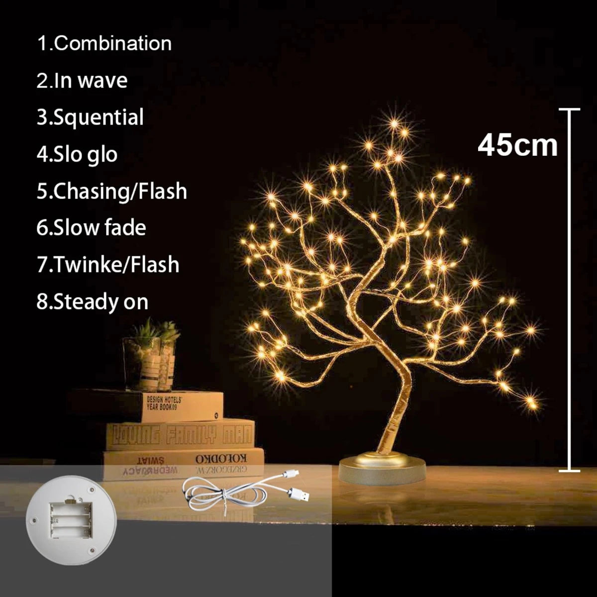 Decoratiune Craciun Copac, Hoff, 108 microLED-uri, lumina calda, H 45 cm, alimentare baterii / USB
