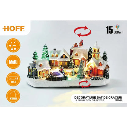 Decoratiune Sat de Craciun, Hoff, 15 LED-uri, lumina multicolora, functie muzicala, H 19 cm, alimentare baterii