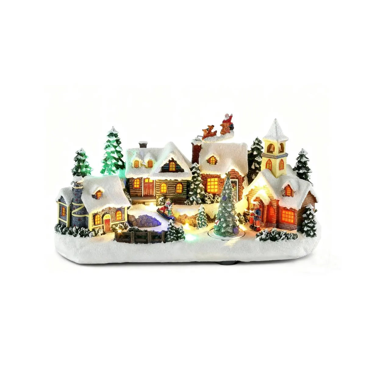 Decoratiune Sat de Craciun, Hoff, 15 LED-uri, lumina multicolora, functie muzicala, H 19 cm, alimentare baterii