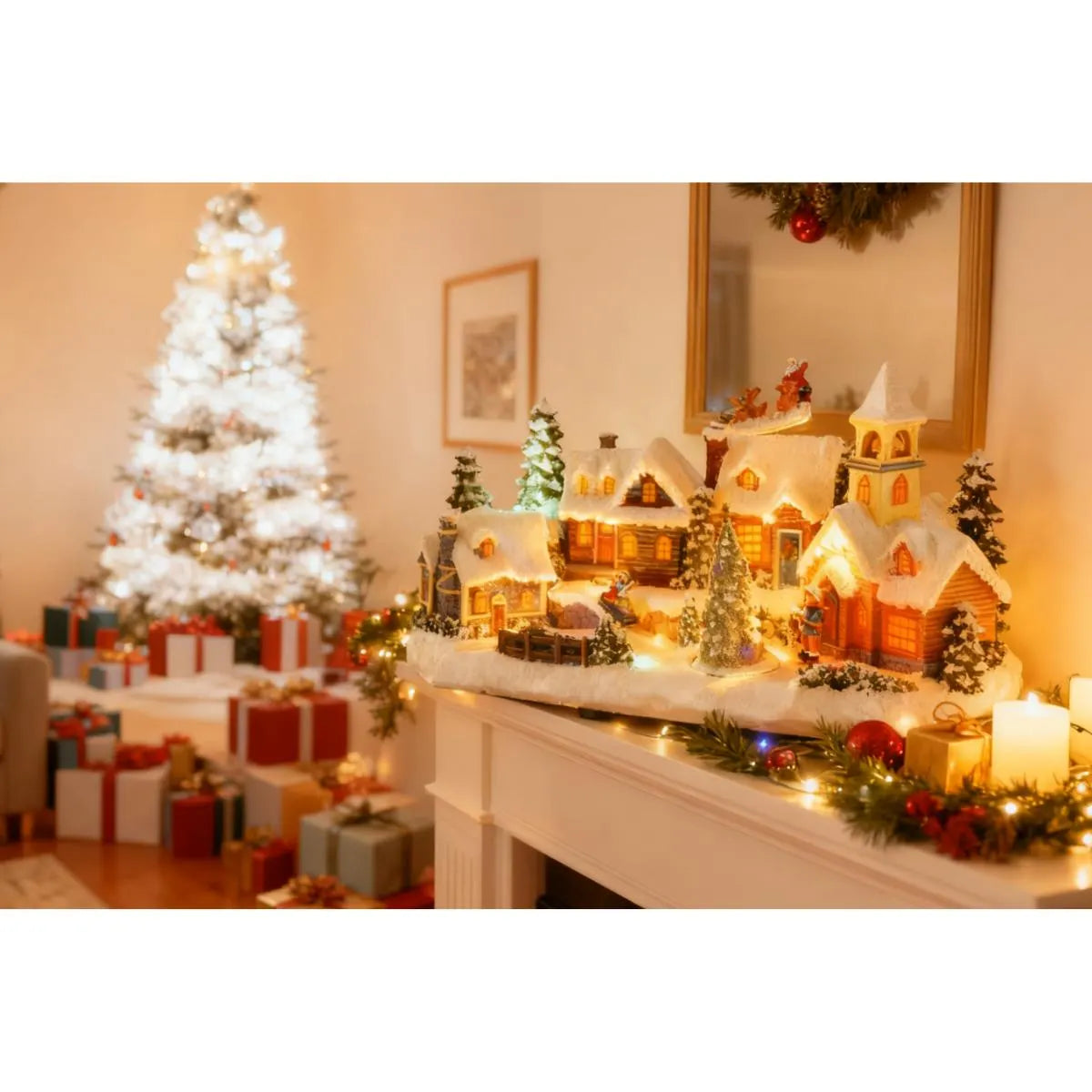 Decoratiune Sat de Craciun, Hoff, 15 LED-uri, lumina multicolora, functie muzicala, H 19 cm, alimentare baterii