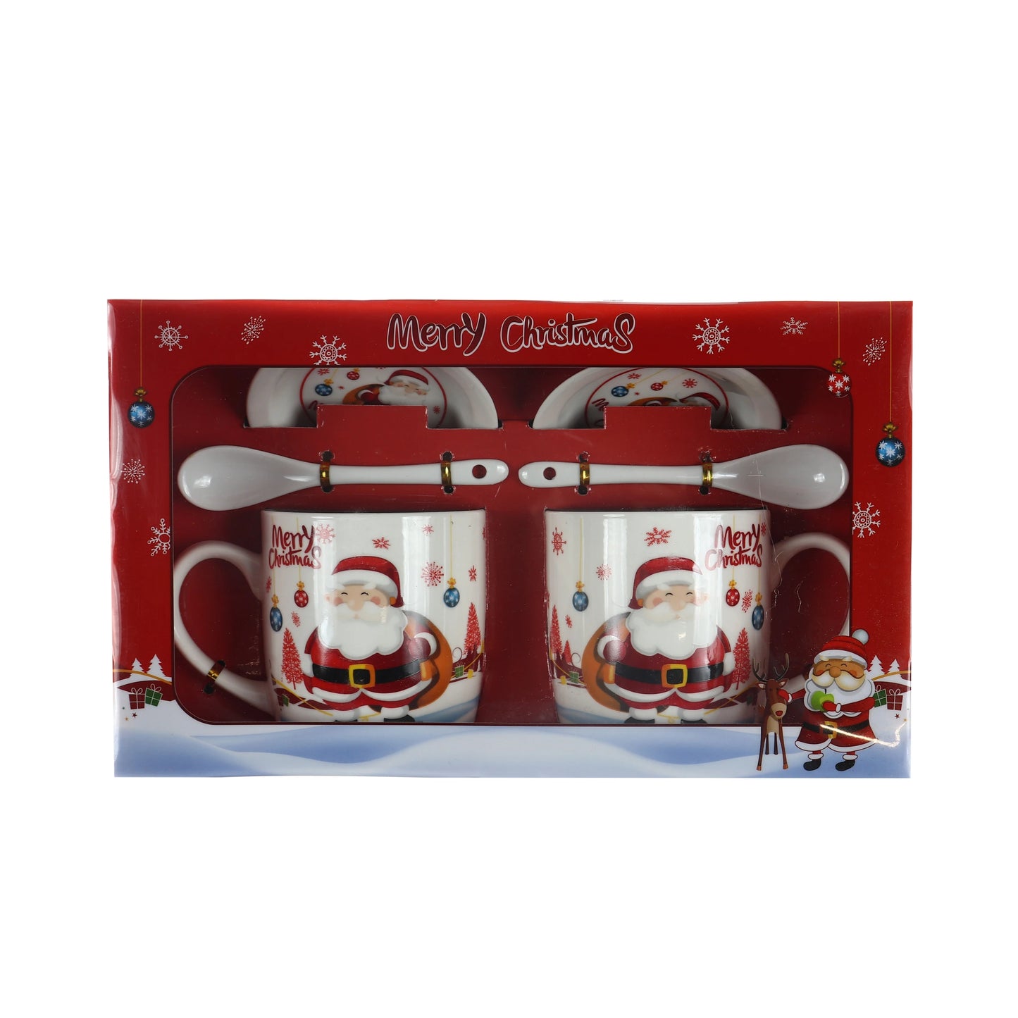 Set doua cani Craciun, design tematic multicolor, alb + rosu, farfuriute si lingurite incluse