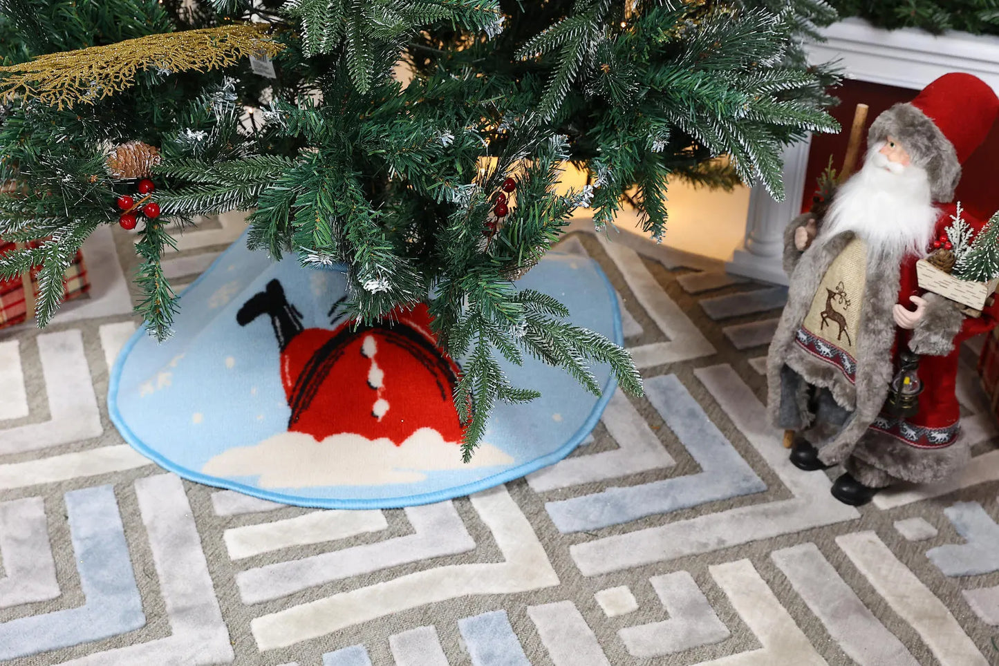 Covoras brad Craciun, poliester, D 80 cm, albastru + rosu + alb