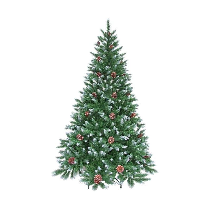 Brad artificial Frosted Norway, aspect nins, cu conuri decorative, inaltime 150 cm, verde