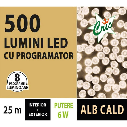 Instalatie de Craciun, tip sir, 500 LED-uri, lungime 25 m, lumina alb cald