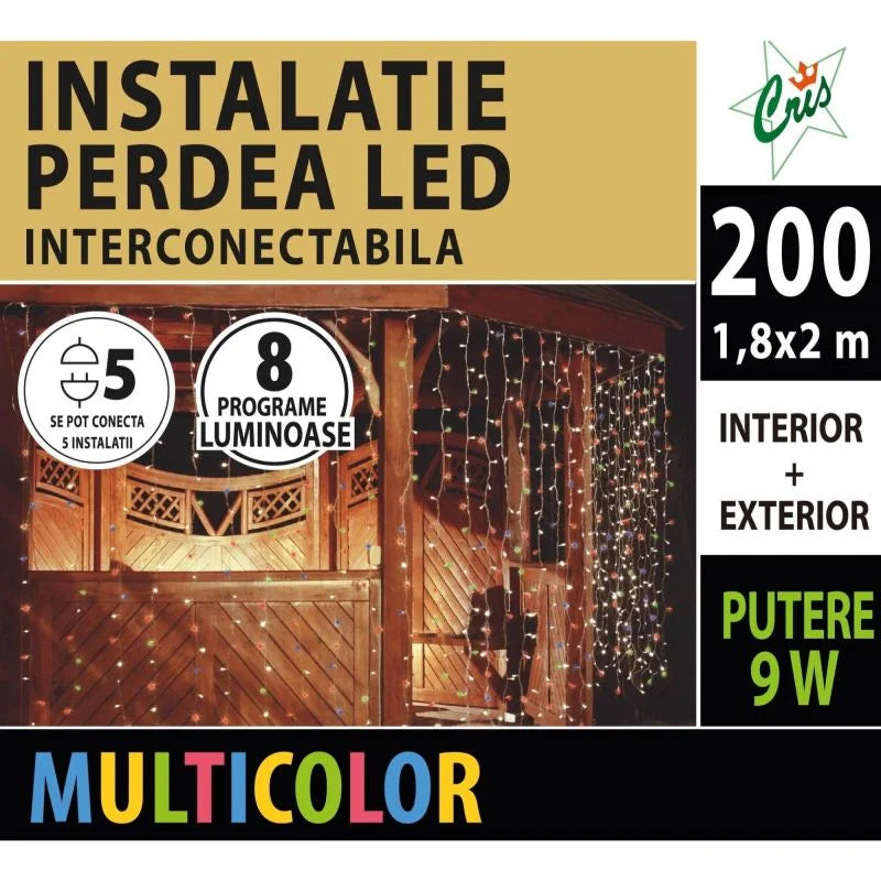 Instalatie de Craciun, tip perdea, 200 LED-uri, 1.8 x 2 m, lumina multicolora