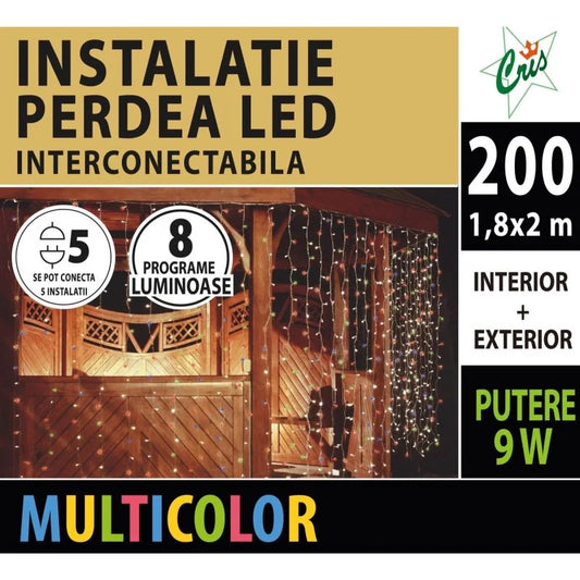 Instalatie de Craciun, tip perdea, 200 LED-uri, 1.8 x 2 m, lumina multicolora