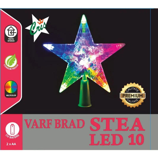 Varf de brad, model stea, cu 10 LED-uri, inaltime 15.5 cm, lumina multicolora