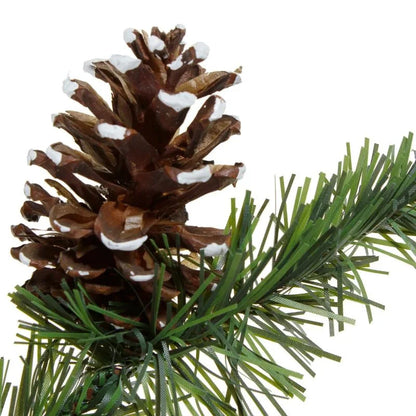 Brad artificial Frosted Norway, aspect nins, cu conuri decorative, inaltime 150 cm, verde