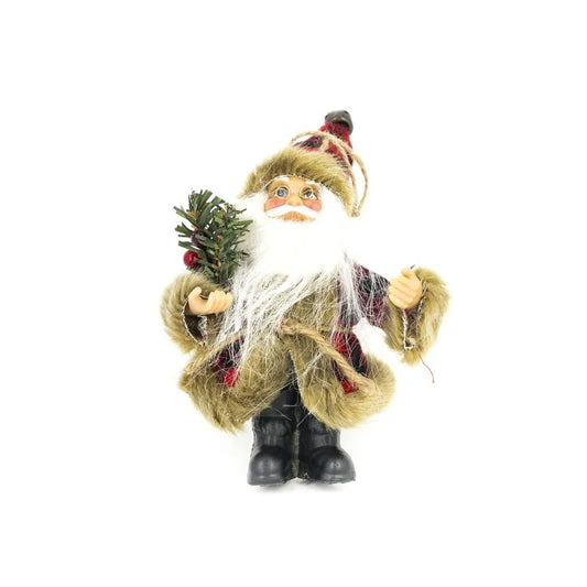 Figurina Mos Craciun, cu con de brad, plastic/textil, inaltime 13 cm, rosu/maro