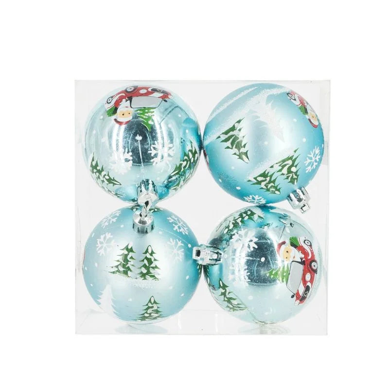Globuri de Craciun, pentru brad, plastic, model Mos Craciun si brazi, Ø 7 cm, bleu (set 4 buc)