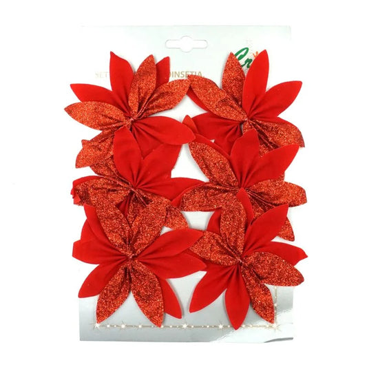 Decoratiune Craciun, pentru brad, model floare, cu clips, PVC/textil, inaltime 15 cm, rosu (set 6 buc)