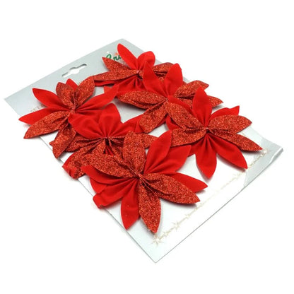 Decoratiune Craciun, pentru brad, model floare, cu clips, PVC/textil, inaltime 15 cm, rosu (set 6 buc)