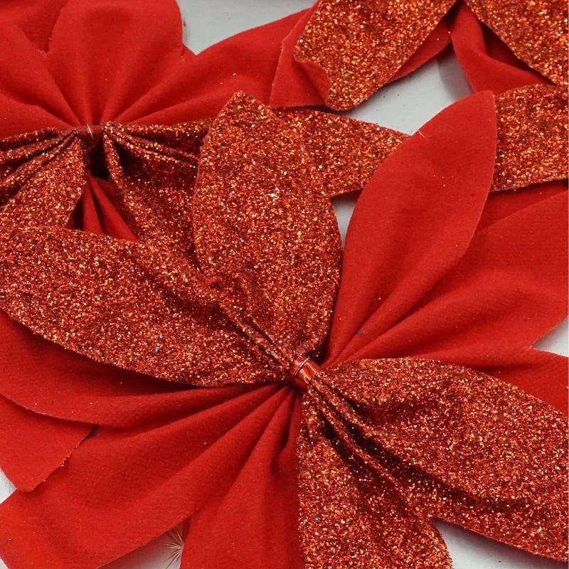 Decoratiune Craciun, pentru brad, model floare, cu clips, PVC/textil, inaltime 15 cm, rosu (set 6 buc)