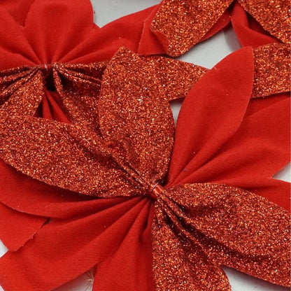 Decoratiune Craciun, pentru brad, model floare, cu clips, PVC/textil, inaltime 15 cm, rosu (set 6 buc)