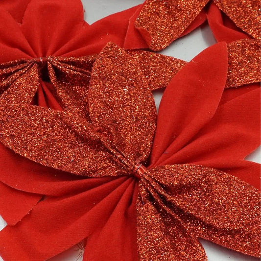 Decoratiune Craciun, pentru brad, model floare, cu clips, PVC/textil, inaltime 15 cm, rosu (set 6 buc)